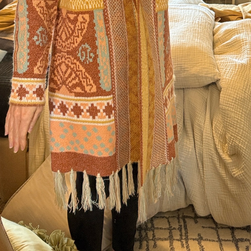 Aztec Pattern Boho Orange Blue White Fringed Open… - image 4